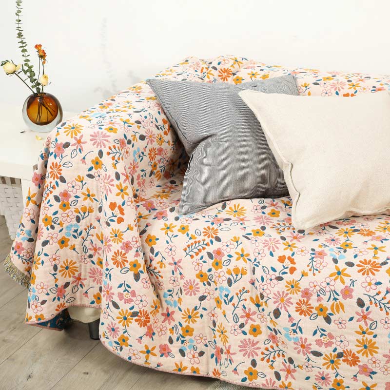 Couverture Ownkoti avec pompons de fleurs de jardin, housse de canapé
