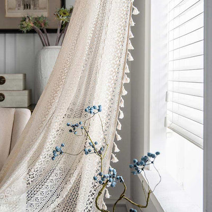 Rideau en coton beige à pompons creux