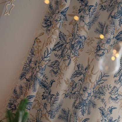 Rideau filtrant la lumière Ownkoti avec motif en bois de pin et fleurs bleues