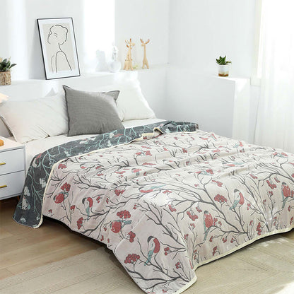 Couette réversible en coton avec motif d'aubépine et d'oiseau