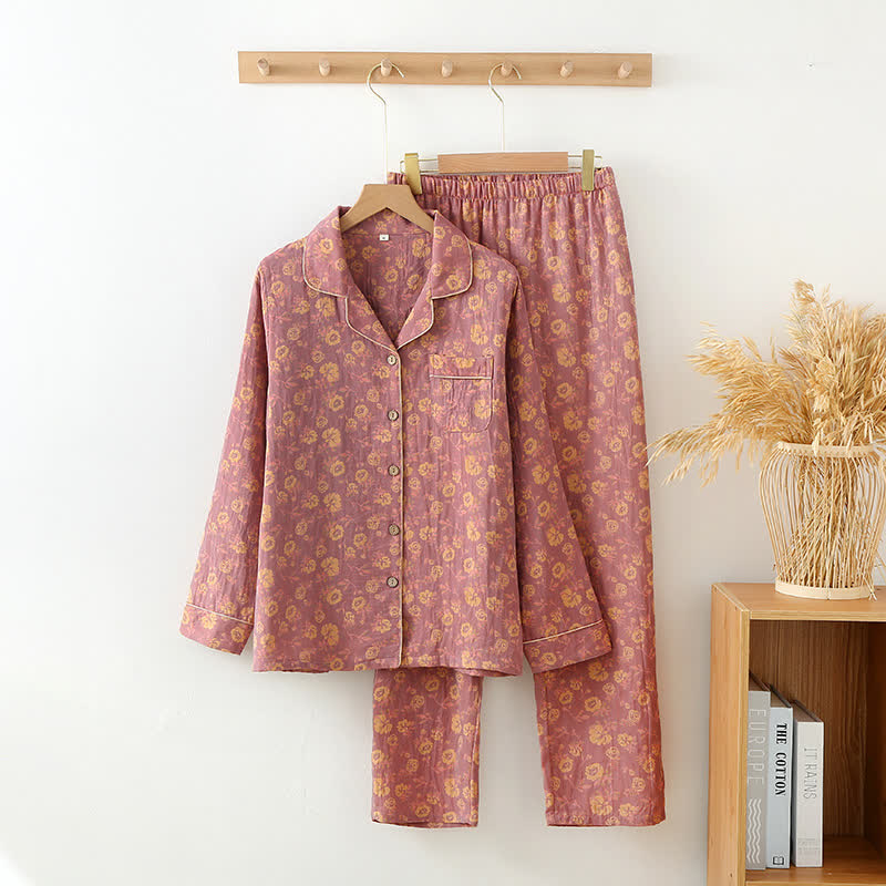 Ensemble pyjama en gaze de coton au design rétro rose - Violet - XL - image 6