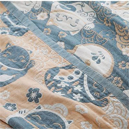 Couverture réversible respirante en gaze de coton avec motif chat