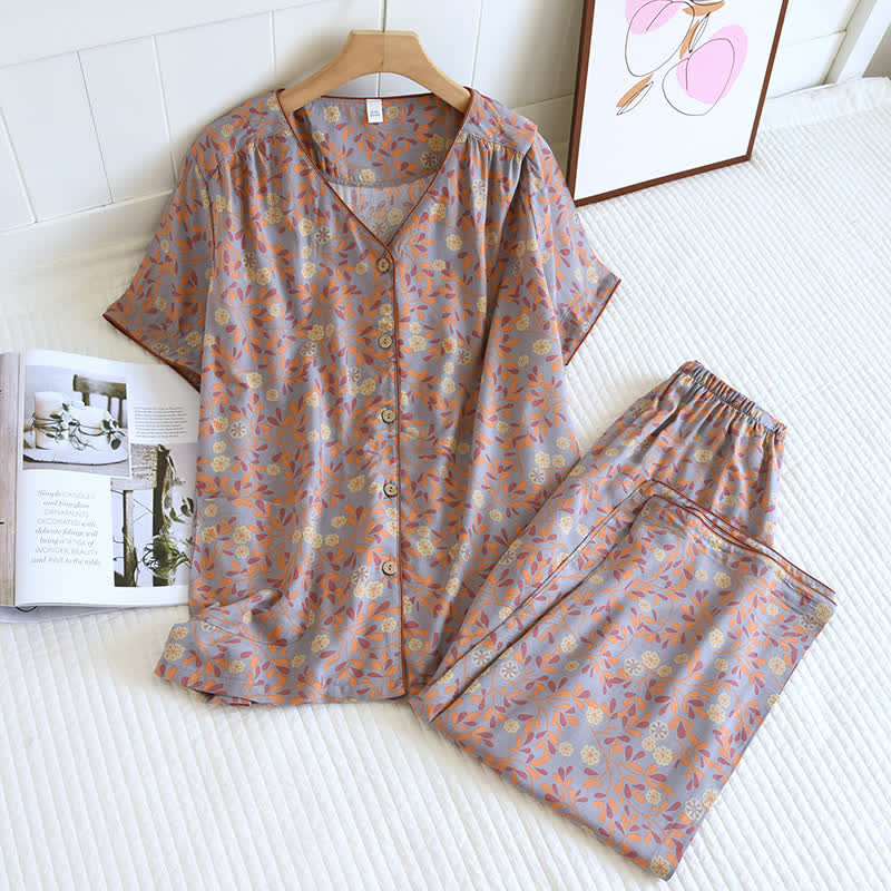 Ensemble de vêtements d'intérieur en coton et soie à fleurs - Violet - XL - image 3
