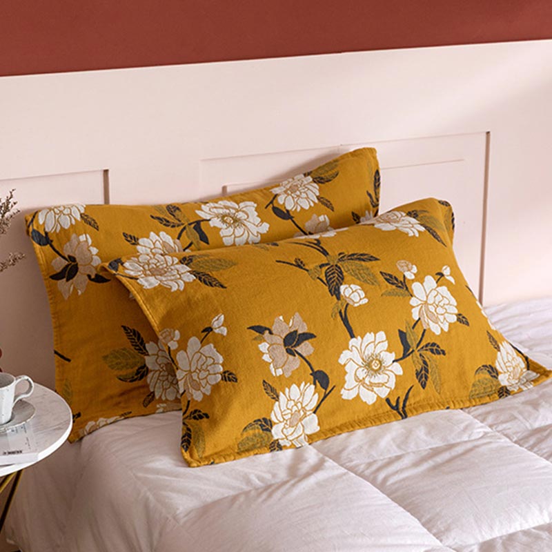Serviette oreiller en gaze de coton à fleurs jaunes (2 pièces)
