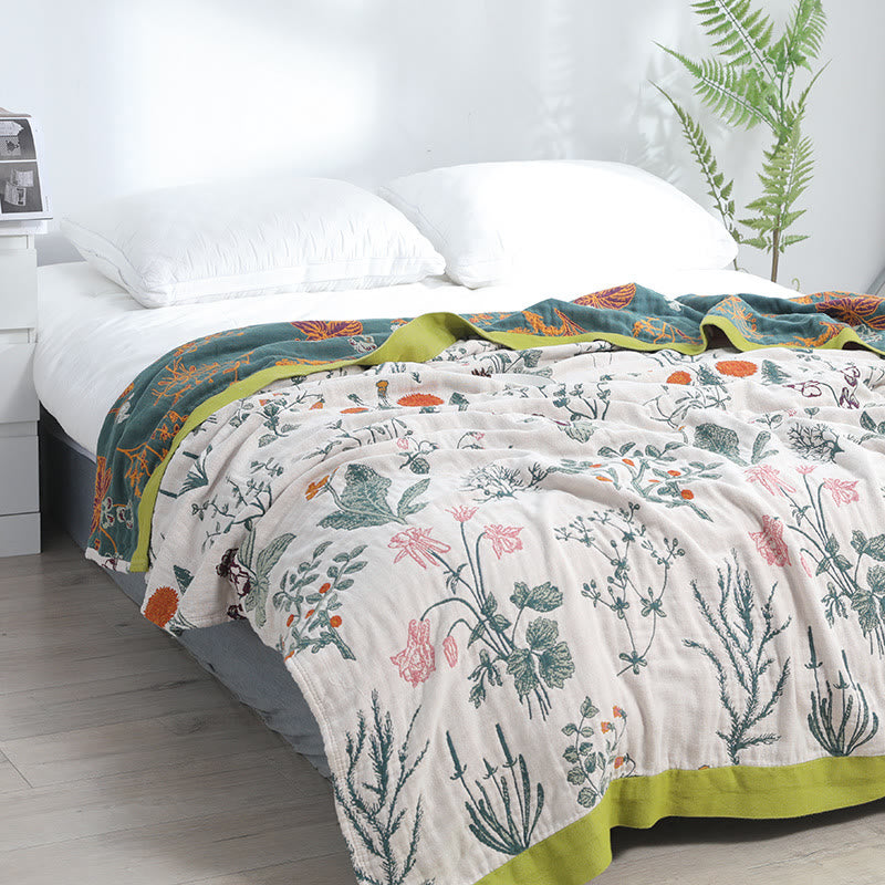 Couette réversible en coton doux avec fleurs et plantes