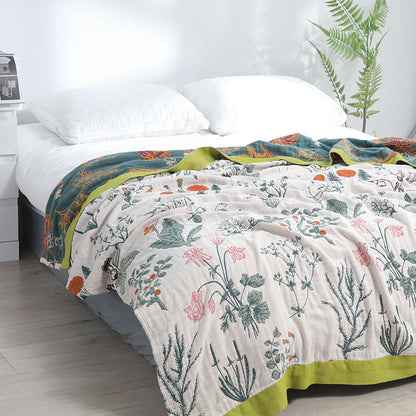 Couette réversible en coton doux avec fleurs et plantes