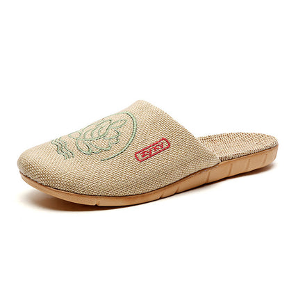 Chaussons rétro en lin brodés de lotus
