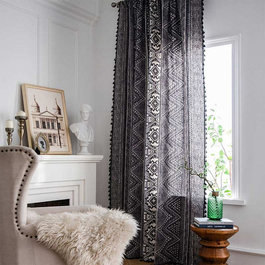 Rideaux bohèmes Ownkoti à motifs géométriques, en coton, avec pompons, noir