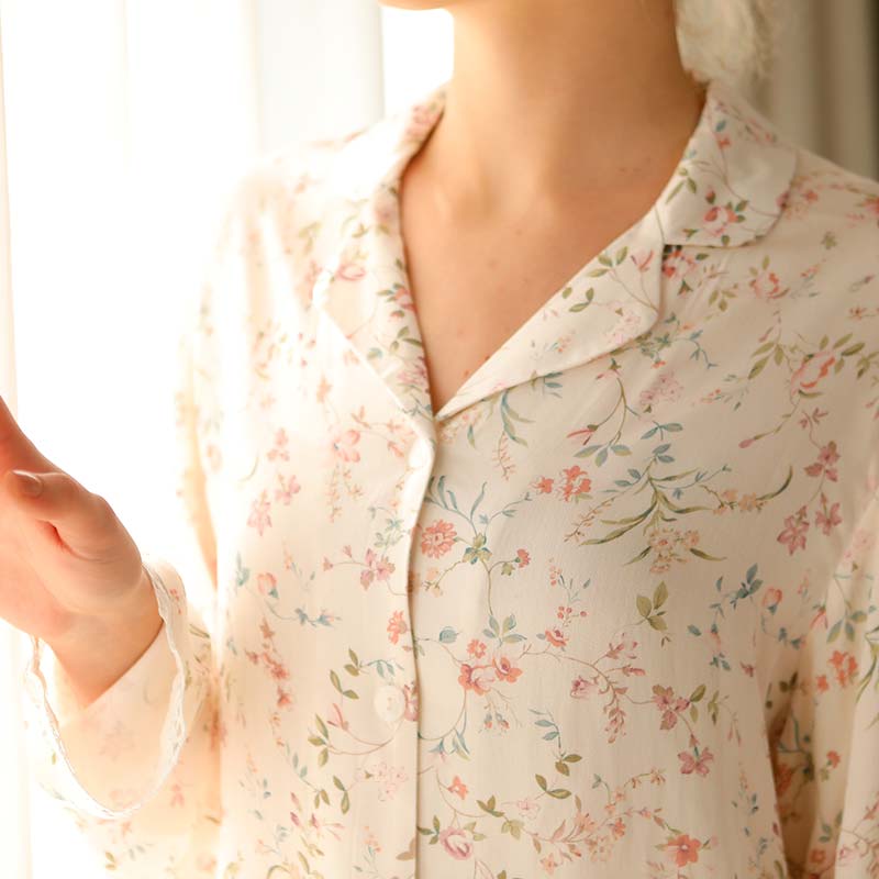 Ownkoti – Vêtements d'intérieur en satin à manches longues et col en V à fleurs