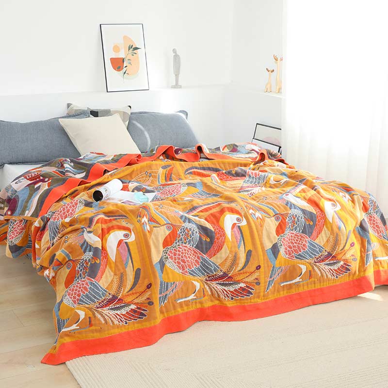 Couverture réversible en coton doux avec motif d'oiseau toucan