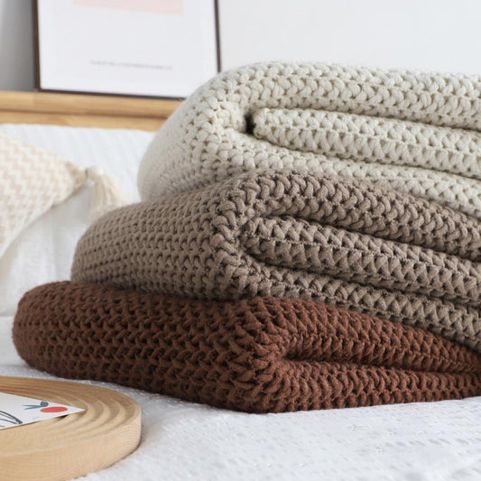Ownkoti – Couverture tricotée simple et unie avec pompons