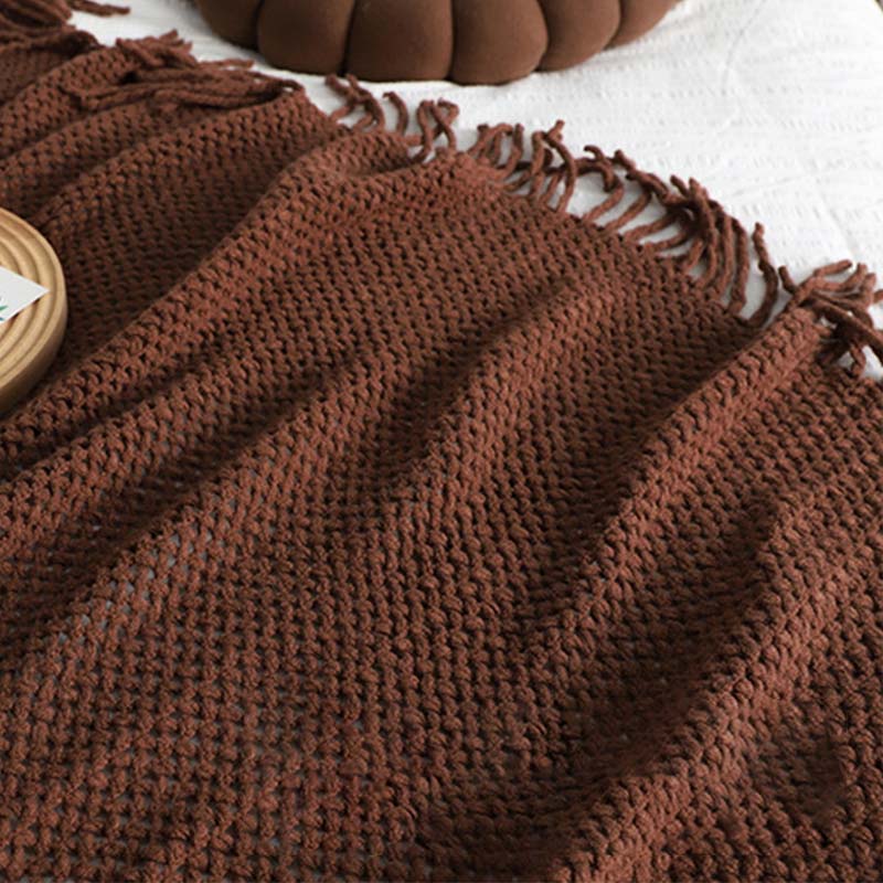 Ownkoti – Couverture tricotée simple et unie avec pompons