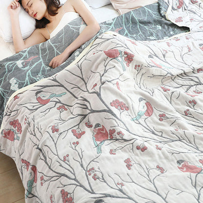 Couette réversible en coton avec motif d'aubépine et d'oiseau