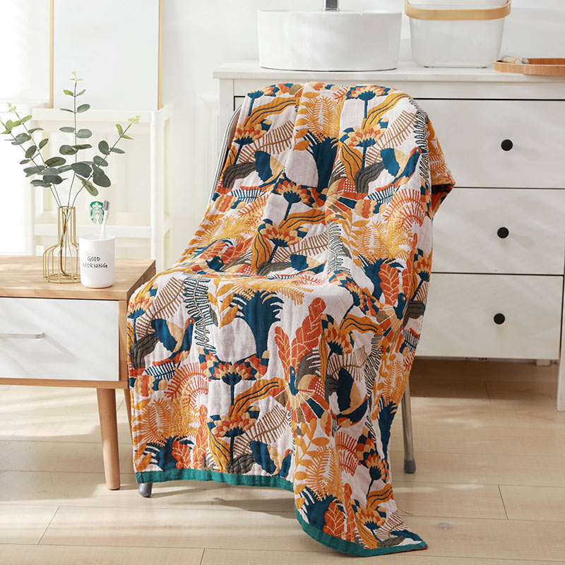 Serviette en coton Ownkoti avec fleurs et oiseaux, réversible, serviette de plage, serviette de bain