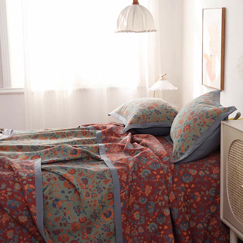 Couette réversible en pur coton avec motif floral rétro