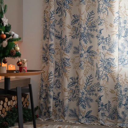 Rideau filtrant la lumière Ownkoti avec motif en bois de pin et fleurs bleues