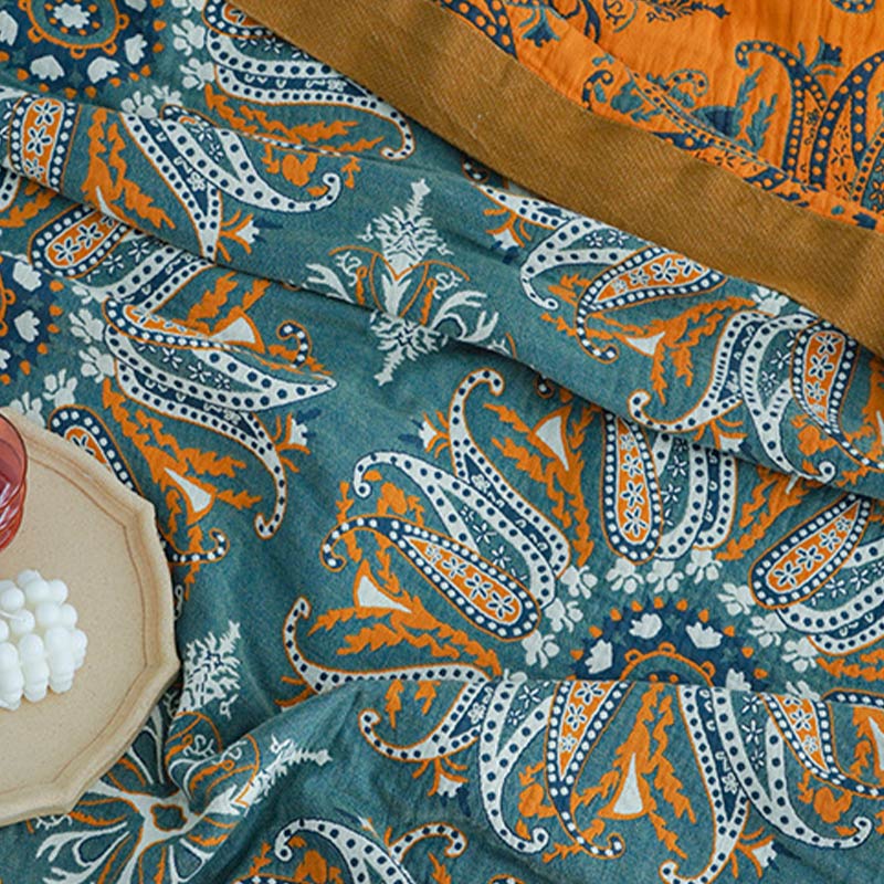 Ownkoti – Couette double face en coton à motif floral cyan foncé
