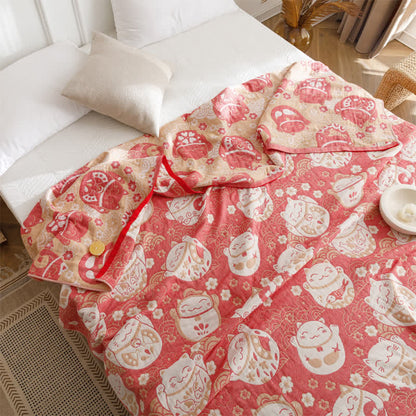 Couverture réversible respirante en gaze de coton avec motif chat