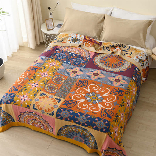 Couverture réversible en coton Ownkoti avec motif à carreaux et fleurs colorées