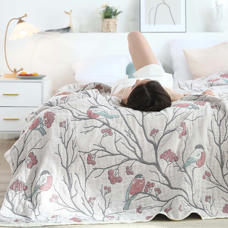 Couette réversible en coton avec motif d'aubépine et d'oiseau