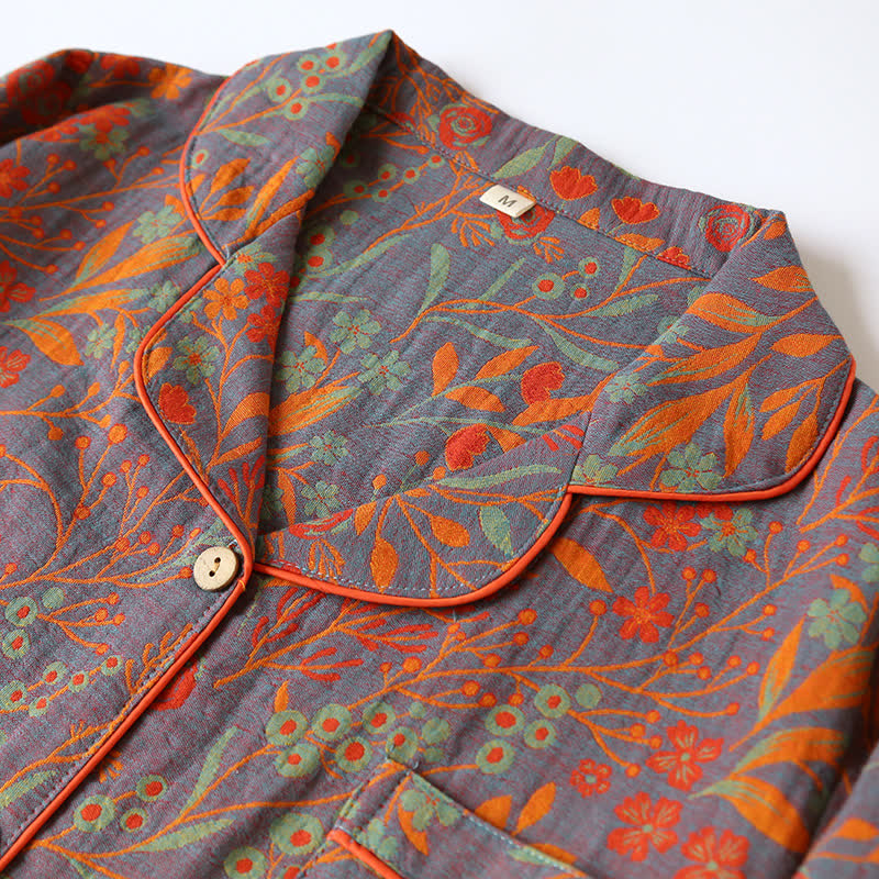 Ensemble de vêtements d'intérieur en coton à imprimé feuilles vintage avec revers - image 2