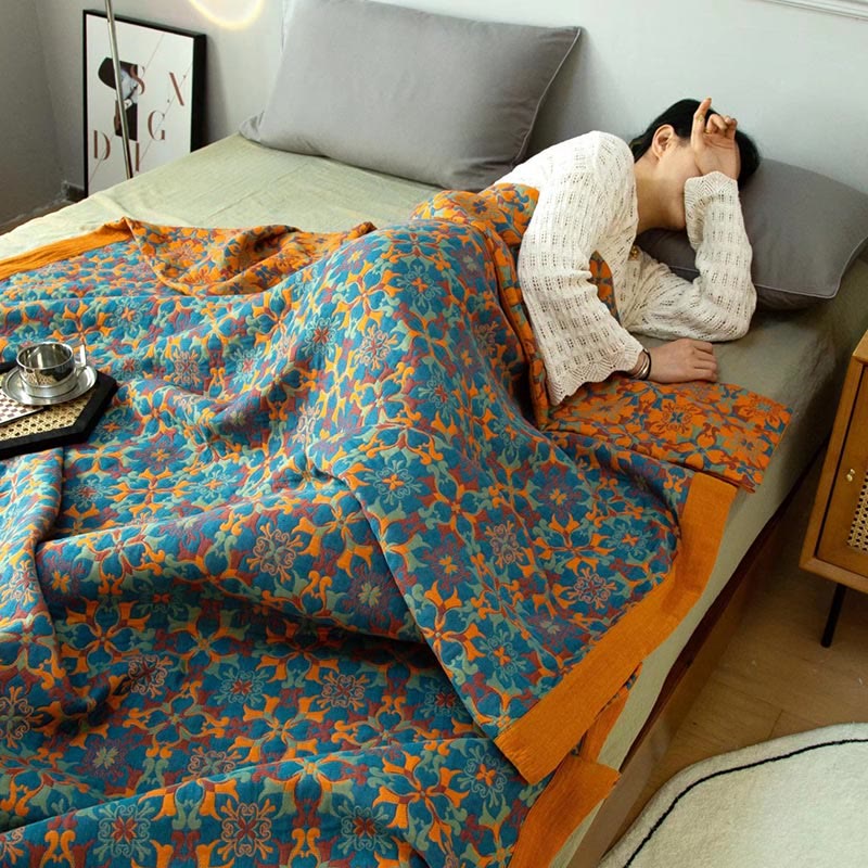 Couette en coton à six couches avec motif orange et bleu
