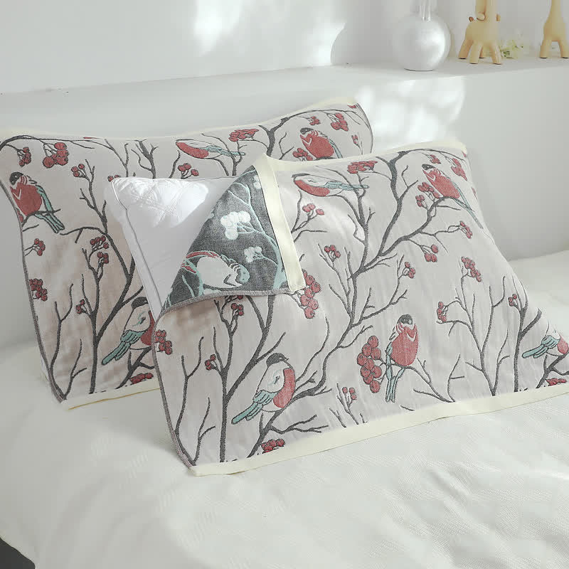 Serviette oreiller oiseau aubépine en gaze de coton (2 pièces)