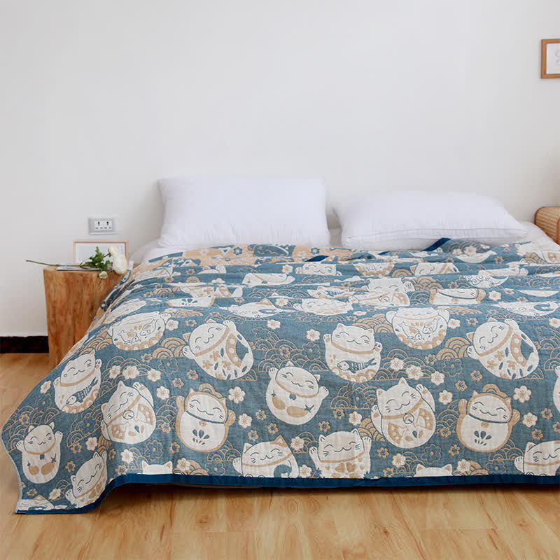 Couverture réversible respirante en gaze de coton avec motif chat
