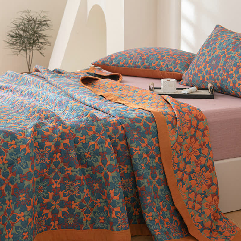 Couette en coton à six couches avec motif orange et bleu