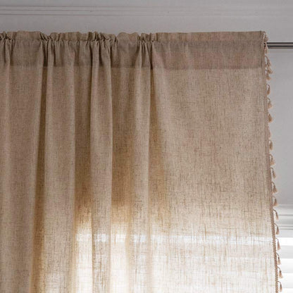 Rideau filtrant la lumière beige à pompons Boho