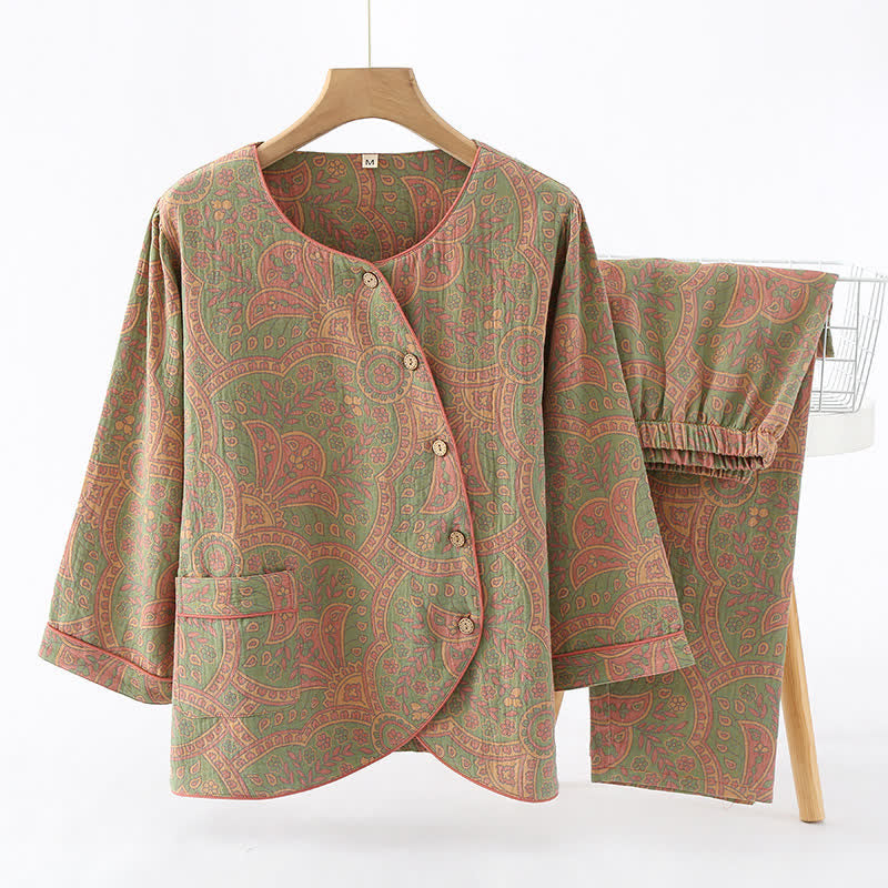 Ensemble de vêtements d'intérieur à col rond avec motif jacquard vintage - Vert clair et rose - XL - image 11