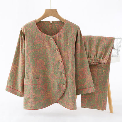 Ensemble de vêtements d'intérieur à col rond avec motif jacquard vintage - Vert clair et rose - XL - image 11
