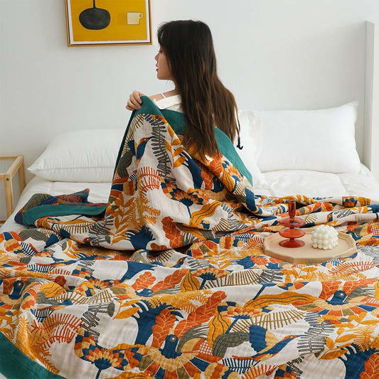 Ownkoti Couverture douce en coton réversible avec oiseaux et fleurs