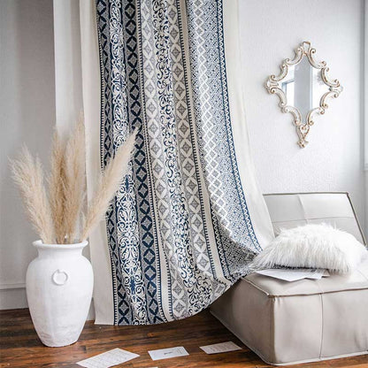 Rideau en coton et lin à motifs bleus
