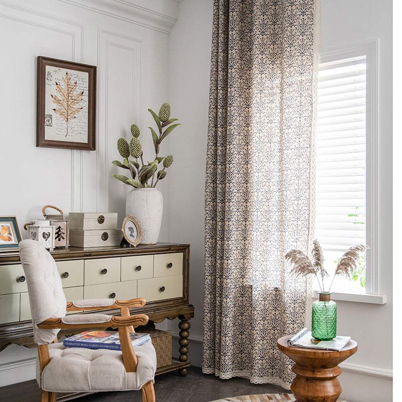 Rideau Boho Ownkoti à motif bleu, semi-occultant