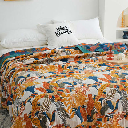 Ownkoti Couverture douce en coton réversible avec oiseaux et fleurs