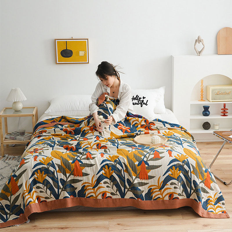 Couette réversible en coton avec imprimé de fleurs de verge d'or