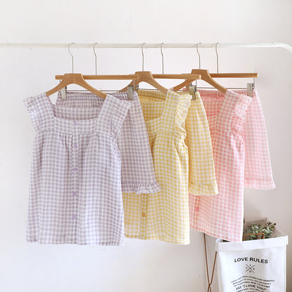 Ensemble pyjama en coton à manches volantées et carreaux vichy - image 0