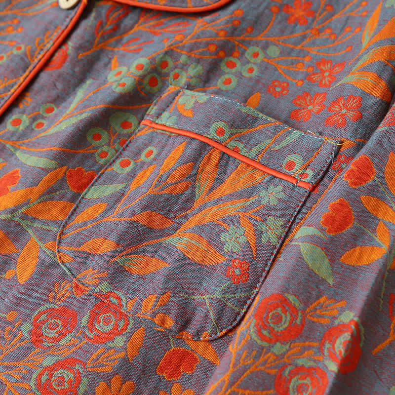Ensemble de vêtements d'intérieur en coton à imprimé feuilles vintage avec revers - image 3