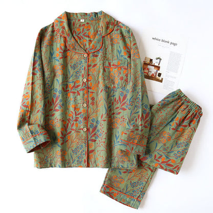 Ensemble de vêtements d'intérieur en coton à imprimé feuilles vintage avec revers - Vert et orange - XL - image 13