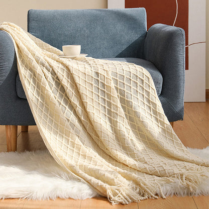 Ownkoti – Couverture tricotée avec motif prisme et pompons