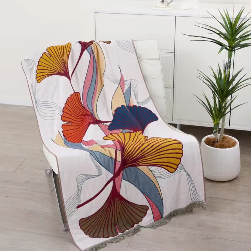 Serviette de bain en gaze de coton avec pompon en feuille de ginkgo