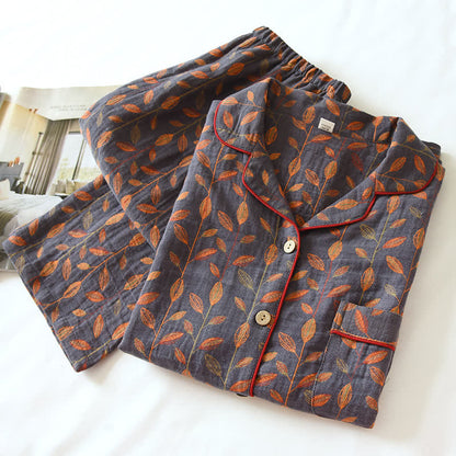 Ensemble pyjama en coton à manches longues au style rétro à feuilles