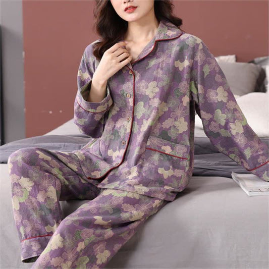 Ensemble pyjama en coton jacquard fleuri avec col boutonné