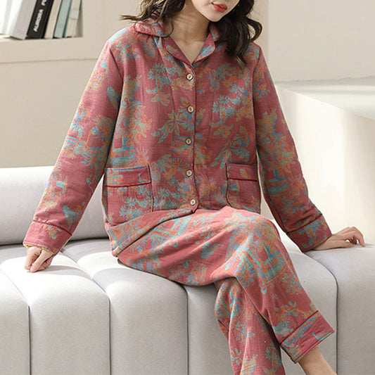 Ensemble de vêtements de détente en coton à imprimé floral double couche