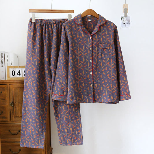 Ensemble pyjama en coton à manches longues au style rétro à feuilles