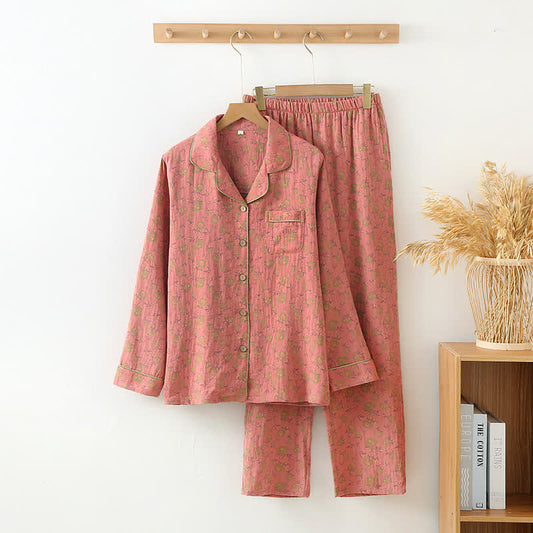 Ensemble pyjama en gaze de coton au design rétro rose - Rose - XL - image 1