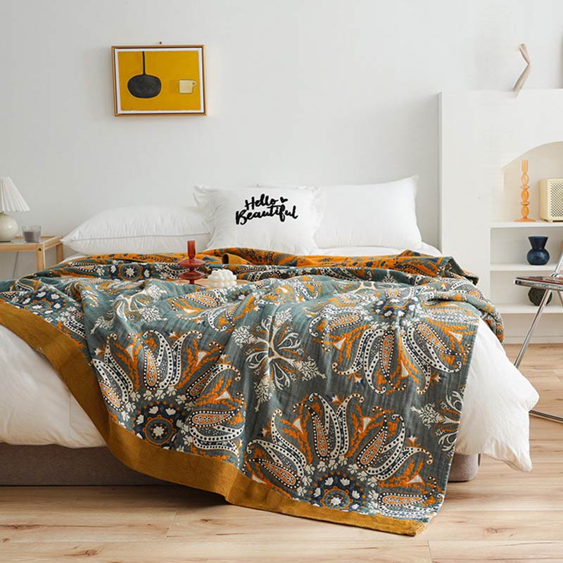 Ownkoti – Couette double face en coton à motif floral cyan foncé
