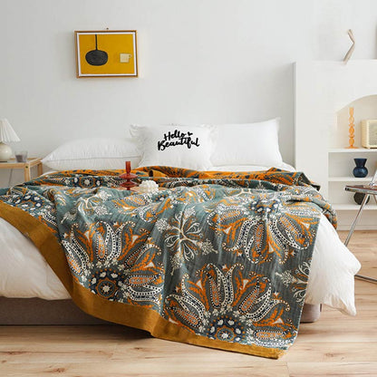 Ownkoti – Couette double face en coton à motif floral cyan foncé