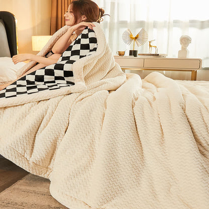 Couverture chaude en velours double face à motif damier
